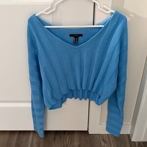 Blue Cropped V-Neck Sweater